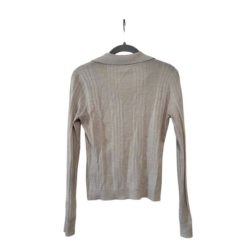 Elie Tahari Women’s Ribbed Knit Collared Polo Sweater Beige Long Sleeve Stretch - Picture 8 of 9
